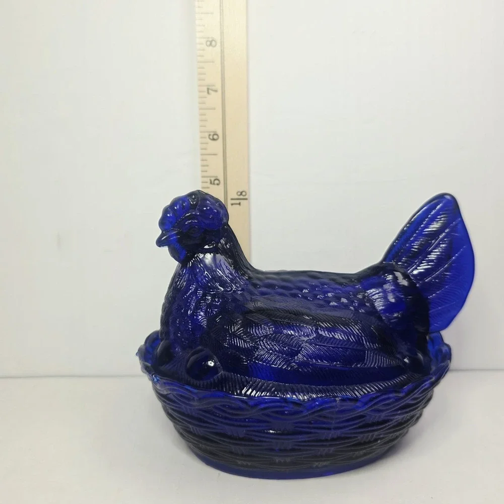Vintage Hen On Nest Cobalt Blue  Glass Candy Dish 5